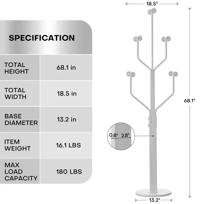 Metal Freestanding Coat Rack with 10 Hooks and Sturdy Marble Round Base, Heavy-Duty Hall Tree for Hats & Bags, Entryway Storage Stand