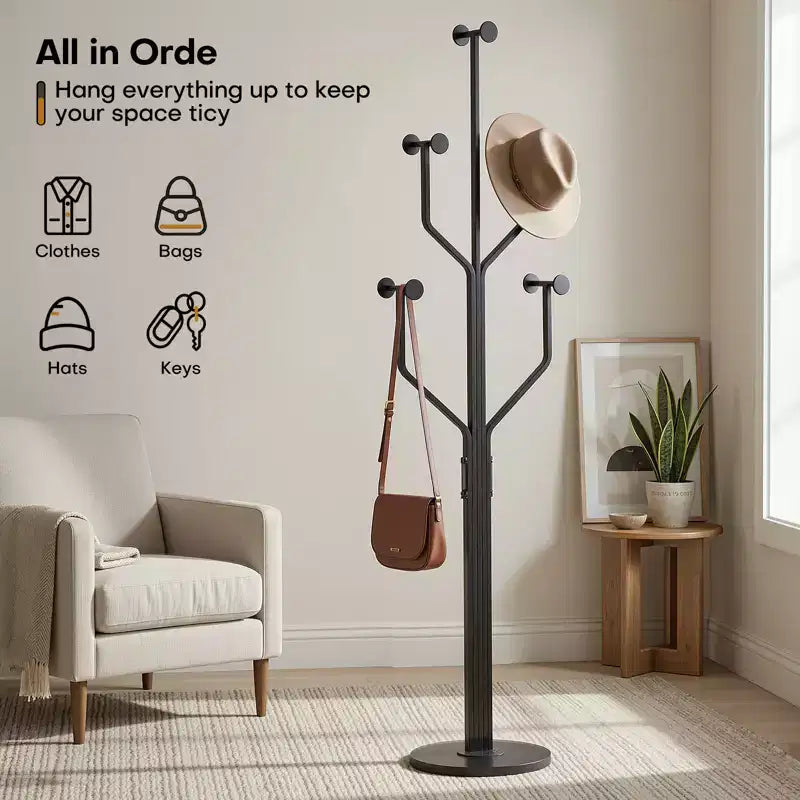 Metal Freestanding Coat Rack with 10 Hooks and Sturdy Marble Round Base, Heavy-Duty Hall Tree for Hats & Bags, Entryway Storage Stand