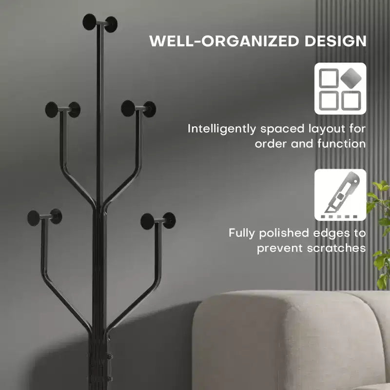 Metal Freestanding Coat Rack with 10 Hooks and Sturdy Marble Round Base, Heavy-Duty Hall Tree for Hats & Bags, Entryway Storage Stand