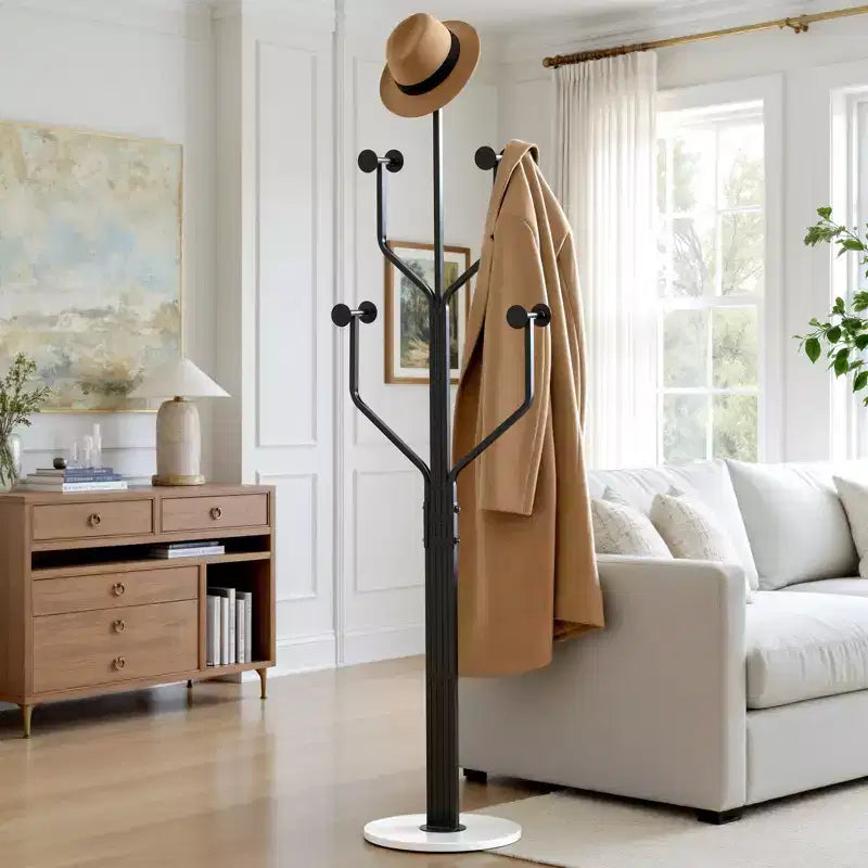 Metal Freestanding Coat Rack with 10 Hooks and Sturdy Marble Round Base, Heavy-Duty Hall Tree for Hats & Bags, Entryway Storage Stand