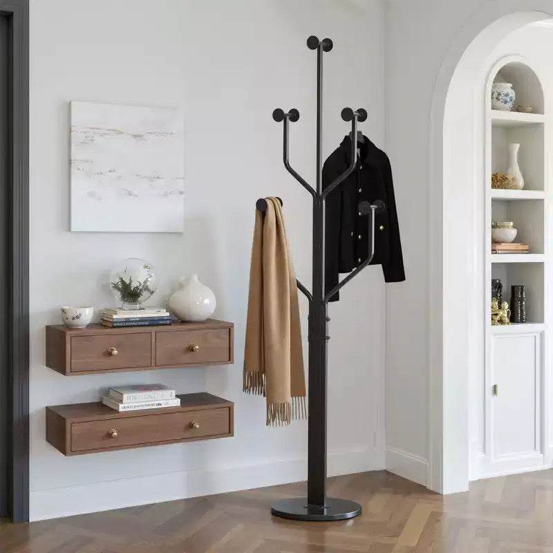 Bekrvio Metal Freestanding Coat Rack with 10 Hooks and Sturdy Marble Round Base, Heavy-Duty Hall Tree for Hats & Bags, Entryway Storage Stand