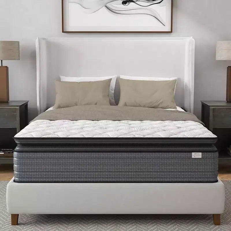 Isabella 14 Inch Hybrid Pillow Top Mattress, Gray+White