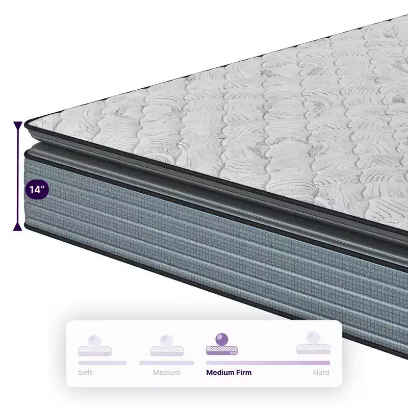 14 Inch Hybrid Pillow Top Mattress, Gray+White