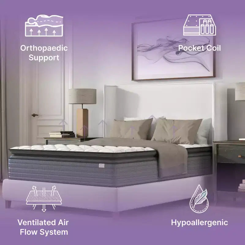 14 Inch Hybrid Pillow Top Mattress, Gray+White