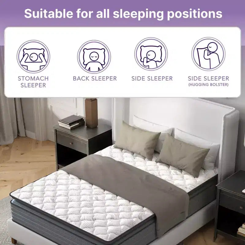 14 Inch Hybrid Pillow Top Mattress, Gray+White