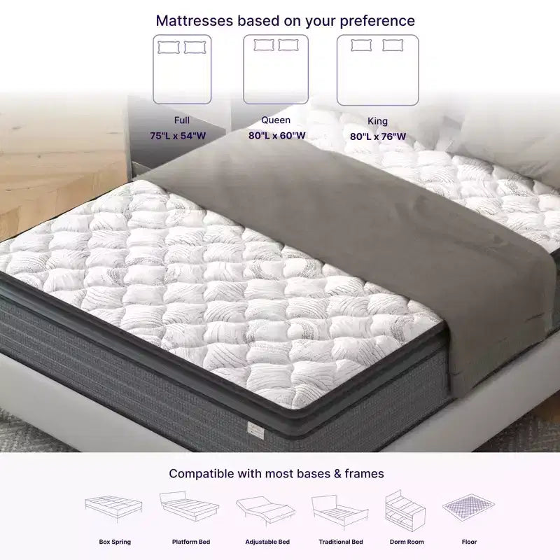 14 Inch Hybrid Pillow Top Mattress, Gray+White