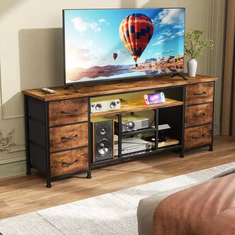 Qwatto 55 Inch Brown TV Stand Dresser with Charging Station LED Lights 6 Fabric Drawers Entertainment Center for TVs up to 60 Inch Bedroom Storage
