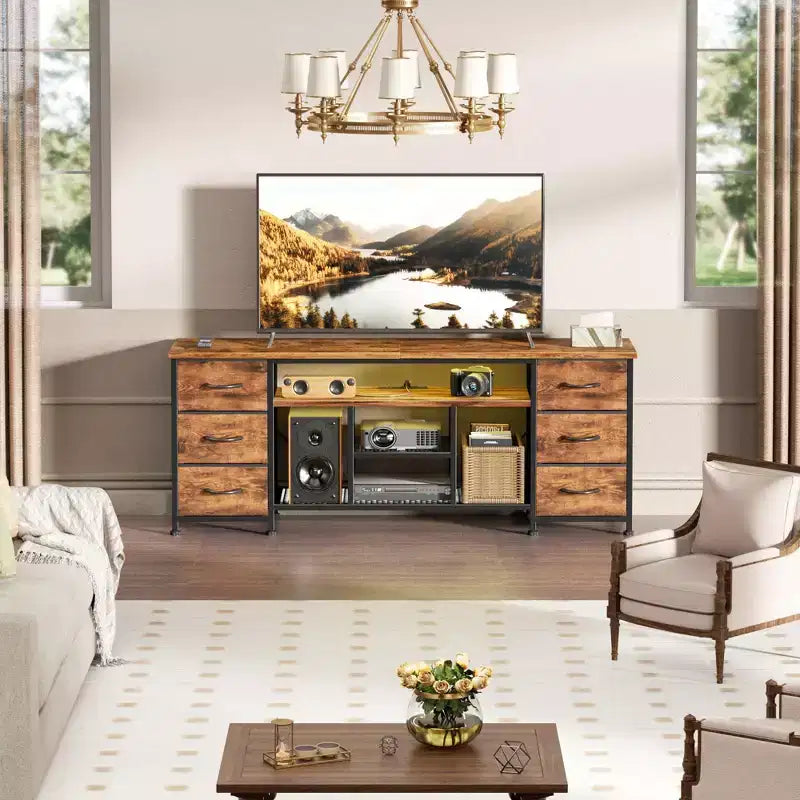 55 Inch Brown TV Stand Dresser with LED Lights & 6 Fabric Drawers | Entertainment Center for TVs up to 60 Inch