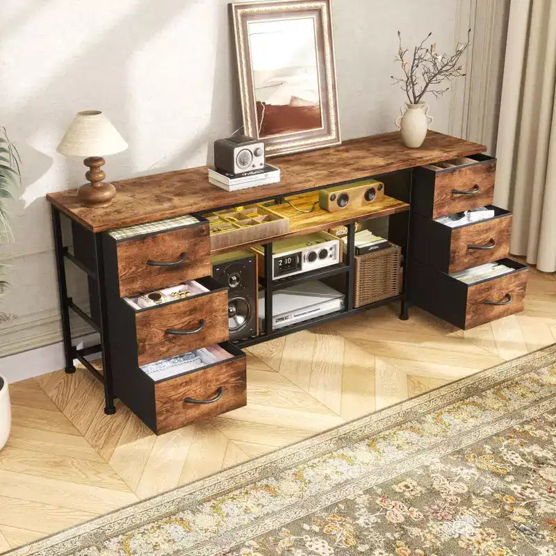 55 Inch Brown TV Stand Dresser with LED Lights & 6 Fabric Drawers | Entertainment Center for TVs up to 60 Inch