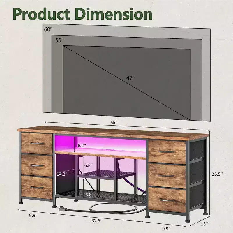 55 Inch Brown TV Stand Dresser with LED Lights & 6 Fabric Drawers | Entertainment Center for TVs up to 60 Inch