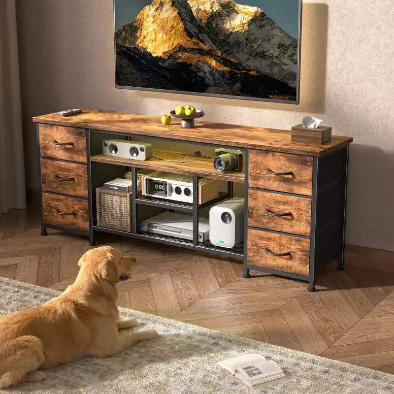 55 Inch Brown TV Stand Dresser with LED Lights & 6 Fabric Drawers | Entertainment Center for TVs up to 60 Inch