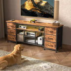 Meuble TV commode marron de 55 pouces avec lumières LED et 6 tiroirs en tissu | Meuble de divertissement pour téléviseurs jusqu'à 60 pouces