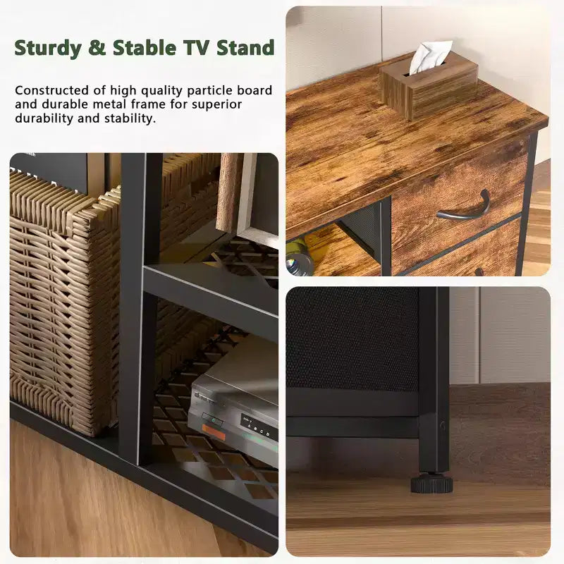 55 Inch Brown TV Stand Dresser with LED Lights & 6 Fabric Drawers | Entertainment Center for TVs up to 60 Inch