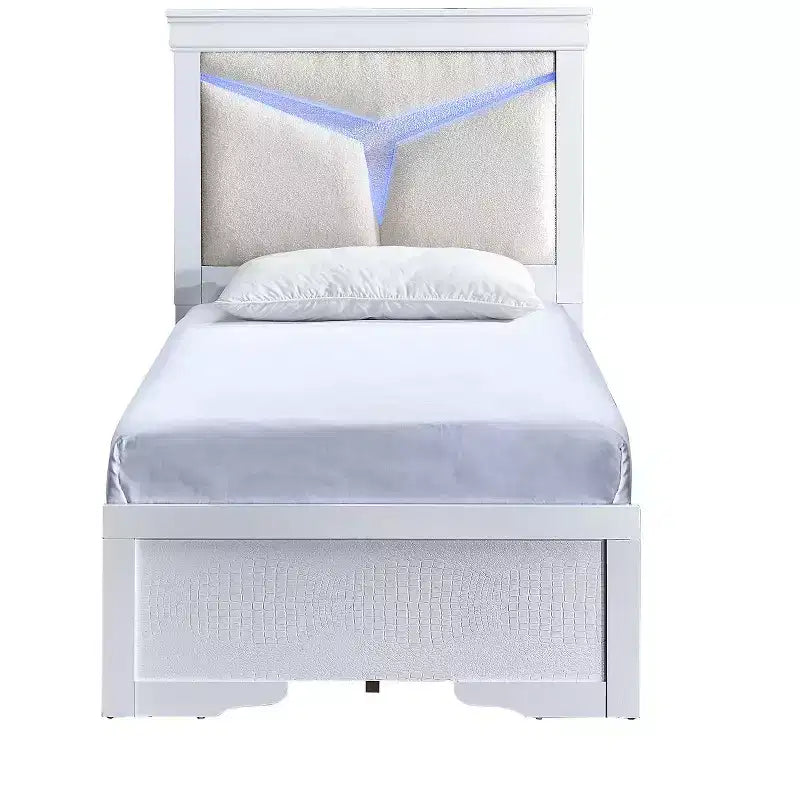 Passion Furniture Lorana Sparkling White Wood Frame Twin Panel Bed with LED Lighted Headboard