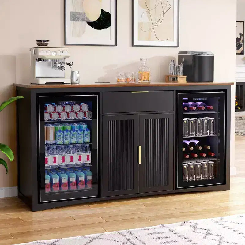 Long Coffee Bar Cabinet with Fridge Space, 70.1" Modern Wine Liquor Cabinet