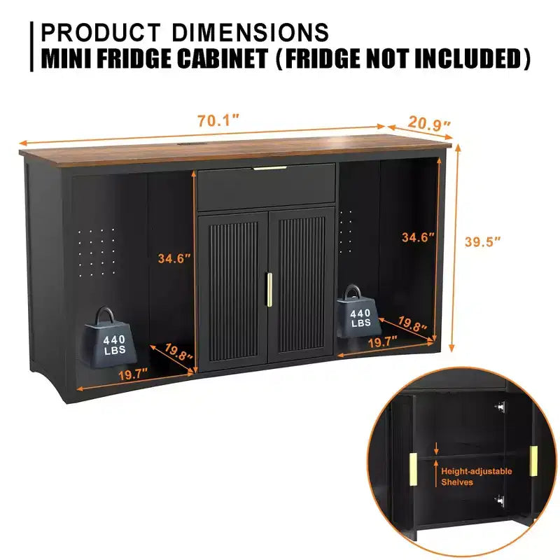 Long Coffee Bar Cabinet with Fridge Space, 70.1" Modern Wine Liquor Cabinet