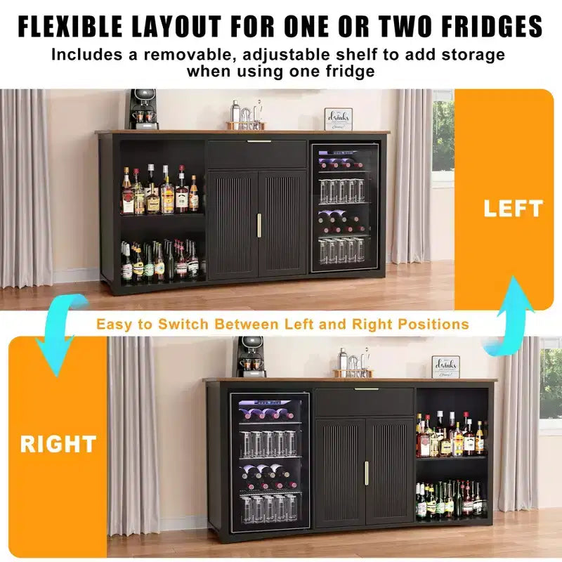 Long Coffee Bar Cabinet with Fridge Space, 70.1" Modern Wine Liquor Cabinet