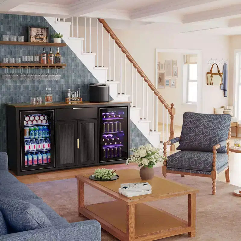 Long Coffee Bar Cabinet with Fridge Space, 70.1" Modern Wine Liquor Cabinet