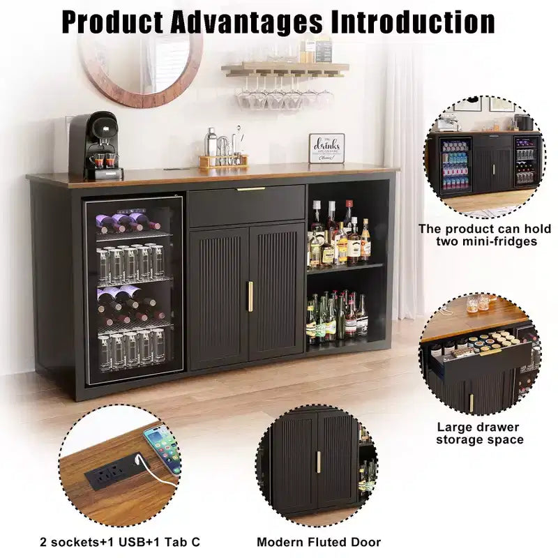 Long Coffee Bar Cabinet with Fridge Space, 70.1" Modern Wine Liquor Cabinet