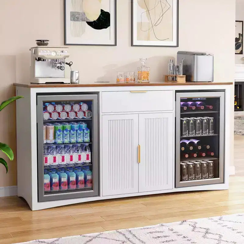 Long Coffee Bar Cabinet with Fridge Space, 70.1" Modern Wine Liquor Cabinet