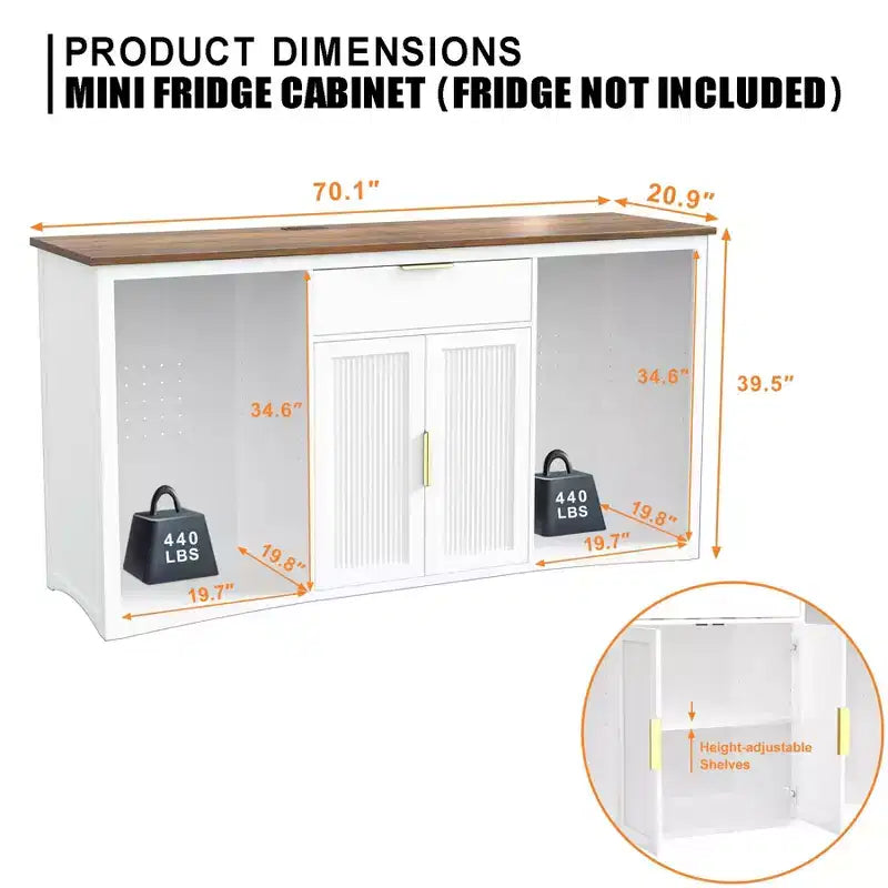 Long Coffee Bar Cabinet with Fridge Space, 70.1" Modern Wine Liquor Cabinet