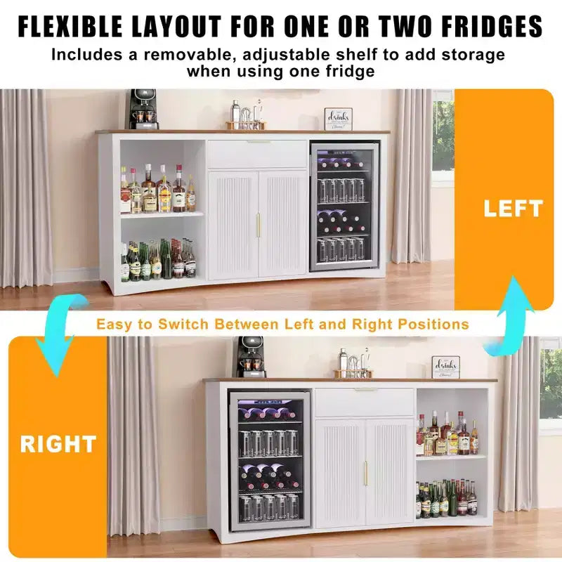 Long Coffee Bar Cabinet with Fridge Space, 70.1" Modern Wine Liquor Cabinet