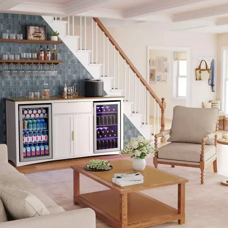 Long Coffee Bar Cabinet with Fridge Space, 70.1" Modern Wine Liquor Cabinet