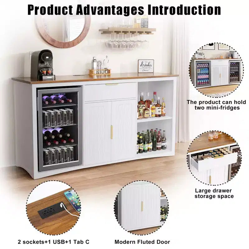 Long Coffee Bar Cabinet with Fridge Space, 70.1" Modern Wine Liquor Cabinet