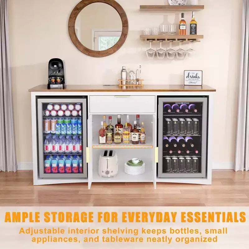Long Coffee Bar Cabinet with Fridge Space, 70.1" Modern Wine Liquor Cabinet