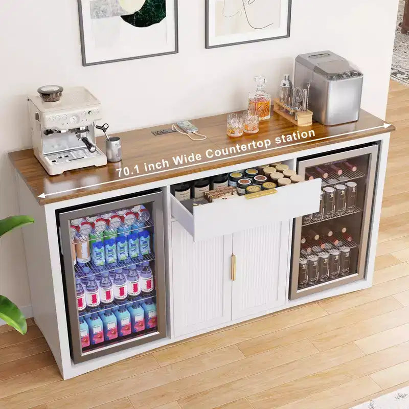 Long Coffee Bar Cabinet with Fridge Space, 70.1" Modern Wine Liquor Cabinet