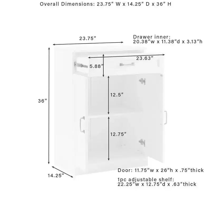 36" Kitchen Storage Cabinet Coffee: Adjustable Shelves, MDF Frame, Wood Veneer, 2 Doors, 1 Drawer