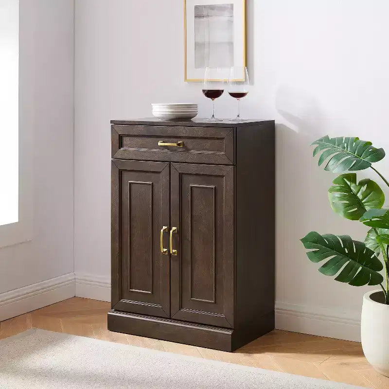 36" Kitchen Storage Cabinet Coffee: Adjustable Shelves, MDF Frame, Wood Veneer, 2 Doors, 1 Drawer