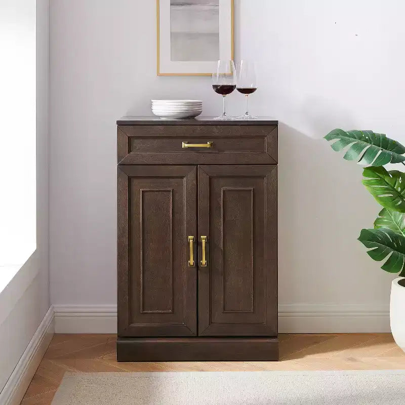 36" Kitchen Storage Cabinet Coffee: Adjustable Shelves, MDF Frame, Wood Veneer, 2 Doors, 1 Drawer