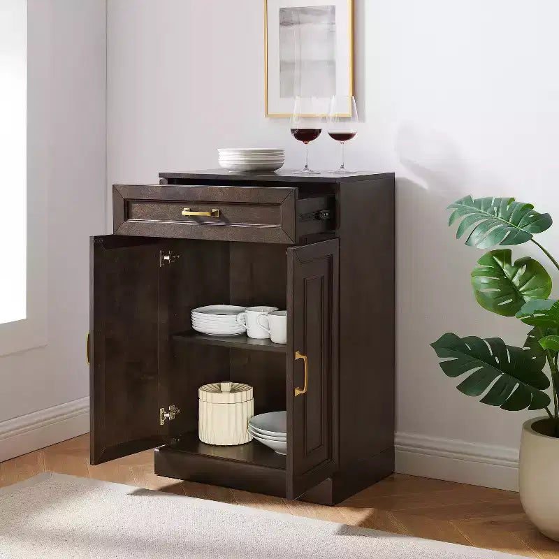 36" Kitchen Storage Cabinet Coffee: Adjustable Shelves, MDF Frame, Wood Veneer, 2 Doors, 1 Drawer