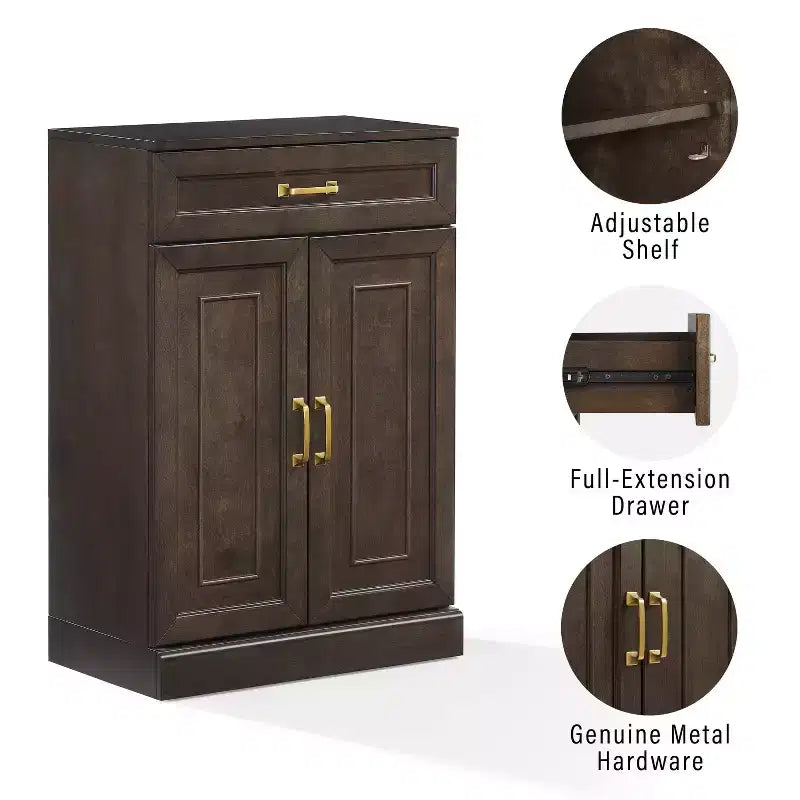 36" Kitchen Storage Cabinet Coffee: Adjustable Shelves, MDF Frame, Wood Veneer, 2 Doors, 1 Drawer