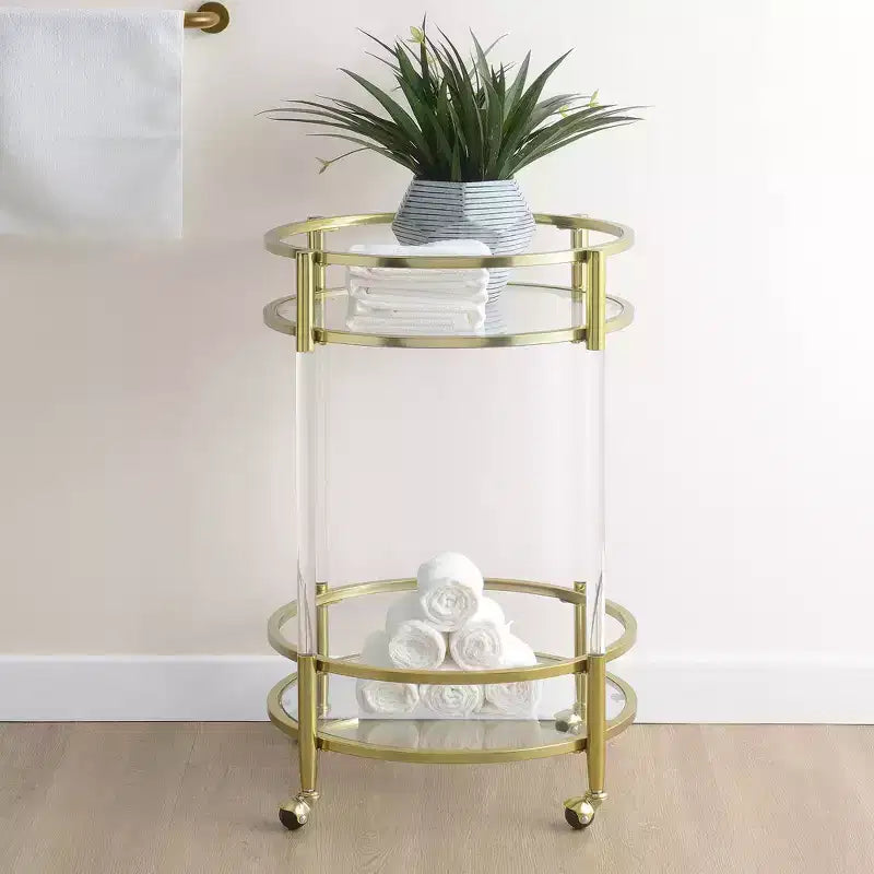 2-Tier Acrylic Round Glass Bar Cart in Glass/Gold