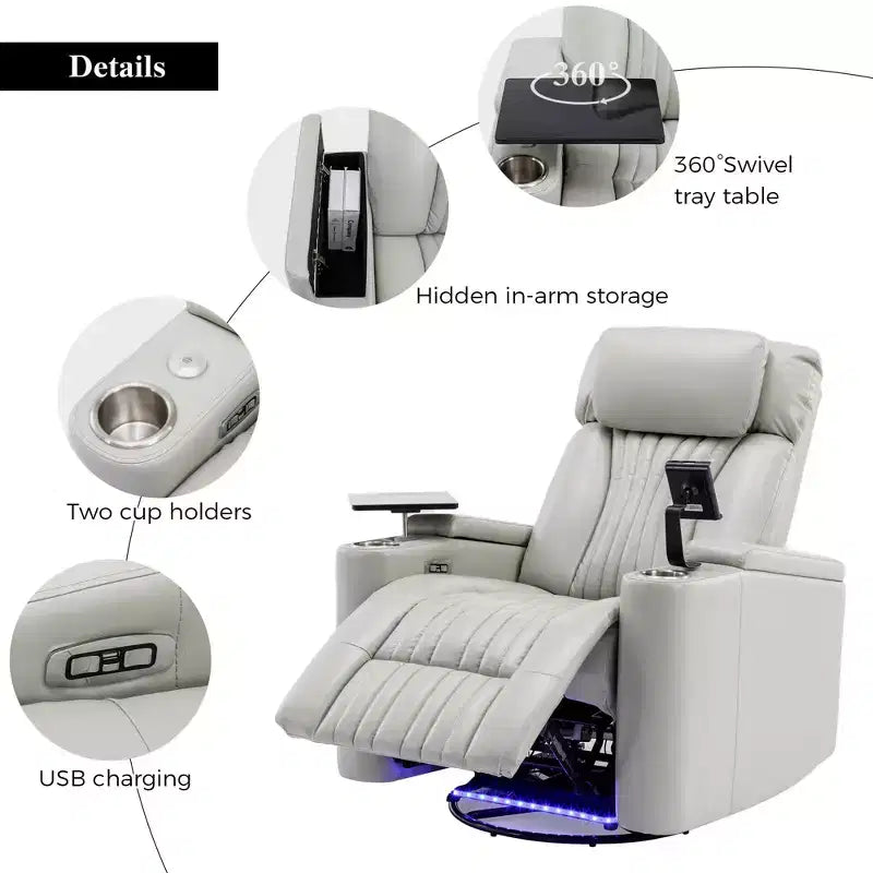 Electric Recliner Chair, 270° Swivel Accent Chair with Storage Arm, LED Light, Cup Holder, Swivel Tray Table and Phone Holder