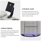 Fauteuil inclinable électrique, pivotant à 270° avec accoudoir de rangement, lumière LED, porte-gobelet, tablette pivotante et support de téléphone
