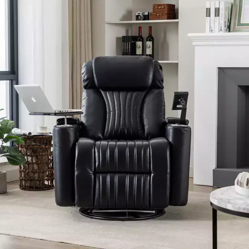 Electric Recliner Chair, 270° Swivel Accent Chair with Storage Arm, LED Light, Cup Holder, Swivel Tray Table and Phone Holder