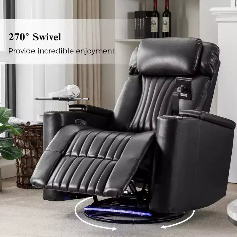 Electric Recliner Chair, 270° Swivel Accent Chair with Storage Arm, LED Light, Cup Holder, Swivel Tray Table and Phone Holder