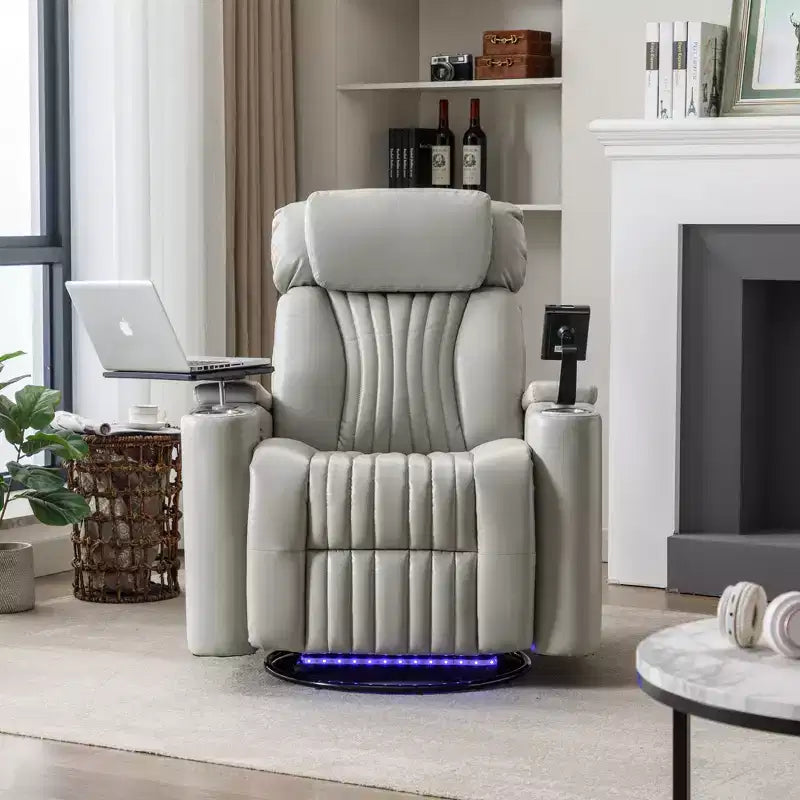 Electric Recliner Chair, 270° Swivel Accent Chair with Storage Arm, LED Light, Cup Holder, Swivel Tray Table and Phone Holder