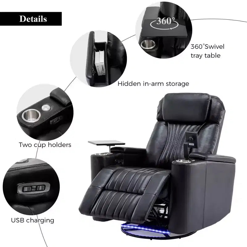 Electric Recliner Chair, 270° Swivel Accent Chair with Storage Arm, LED Light, Cup Holder, Swivel Tray Table and Phone Holder