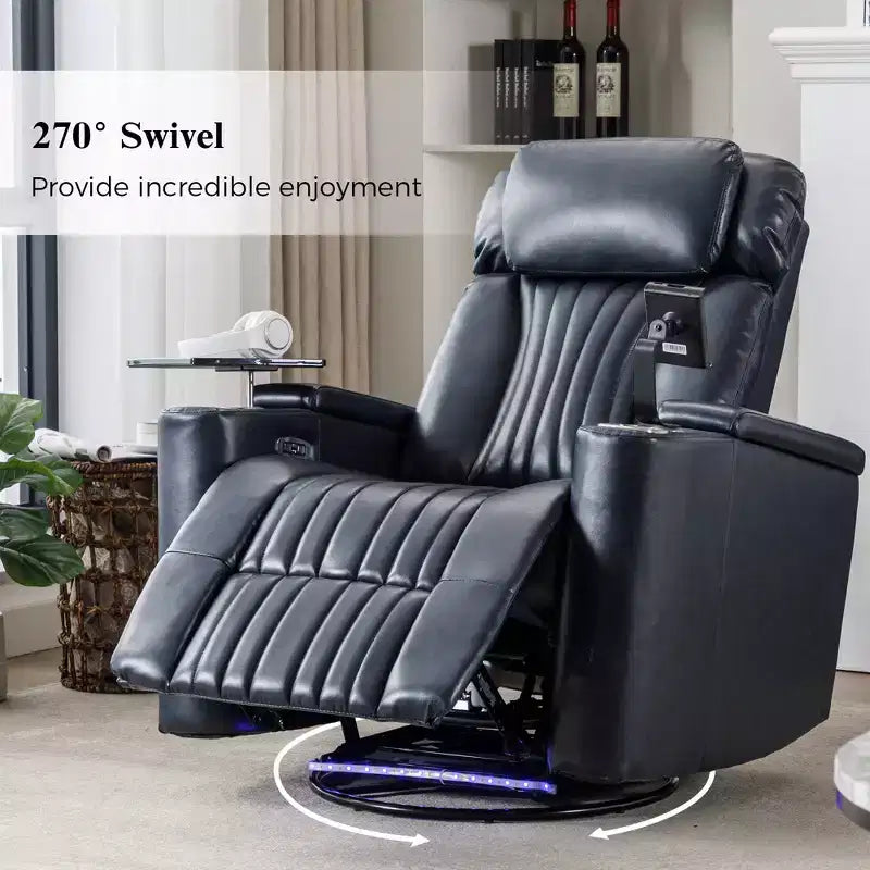 Electric Recliner Chair, 270° Swivel Accent Chair with Storage Arm, LED Light, Cup Holder, Swivel Tray Table and Phone Holder