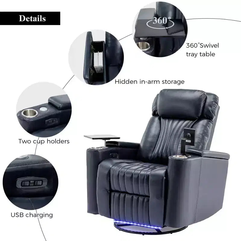 Electric Recliner Chair, 270° Swivel Accent Chair with Storage Arm, LED Light, Cup Holder, Swivel Tray Table and Phone Holder