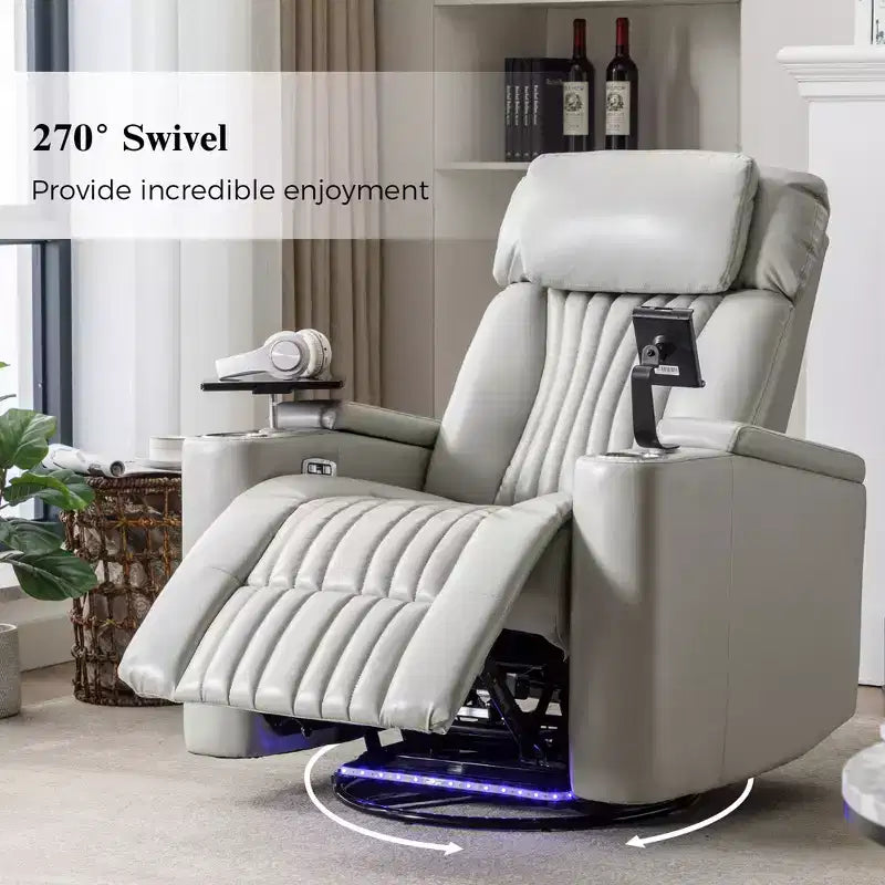 Electric Recliner Chair, 270° Swivel Accent Chair with Storage Arm, LED Light, Cup Holder, Swivel Tray Table and Phone Holder