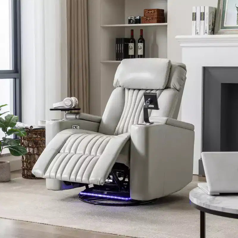 Electric Recliner Chair, 270 Swivel Accent Chair with Storage Arm, LED Light, Cup Holder, Swivel Tray Table and Phone Holder - ModernLuxe