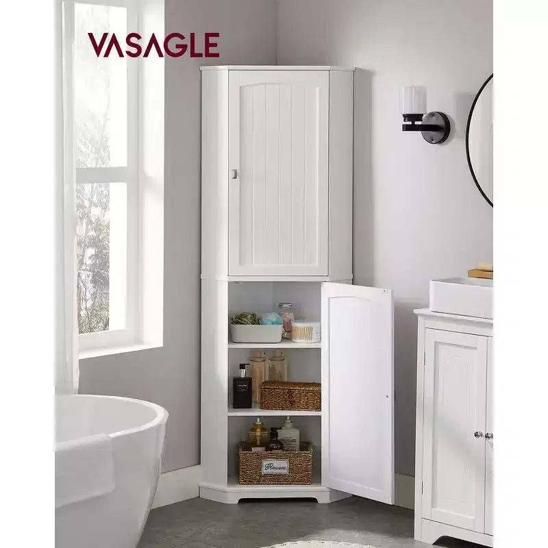 Tall Corner Cabinet, Storage Cabinet with 2 Doors and 4 Adjustable Shelves, White