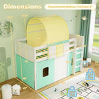 Lit mezzanine double avec tour et tente, 3 poches de rangement, barrière de sécurité et échelle
