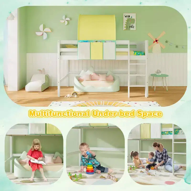 Twin Loft Bed with Tower & Tent, 3 Storage Pockets, Safety Guardrail and Ladder