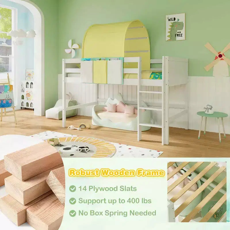 Twin Loft Bed with Tower & Tent, 3 Storage Pockets, Safety Guardrail and Ladder